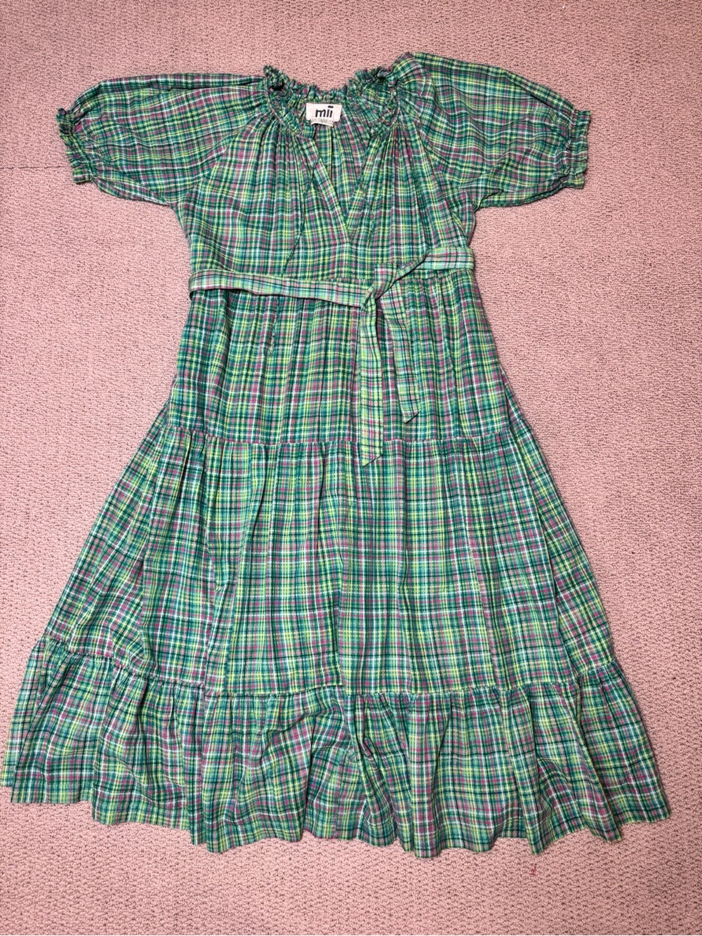 Mii Collection Au Jardin Madras Green Plaid Dress Woman Size XLARGE Cottagecore